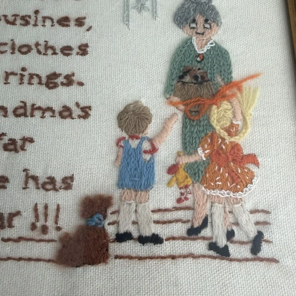 1970’s Cross Stitch Framed Grandma's Cookie Jar Embroidered Needlework Wall Art